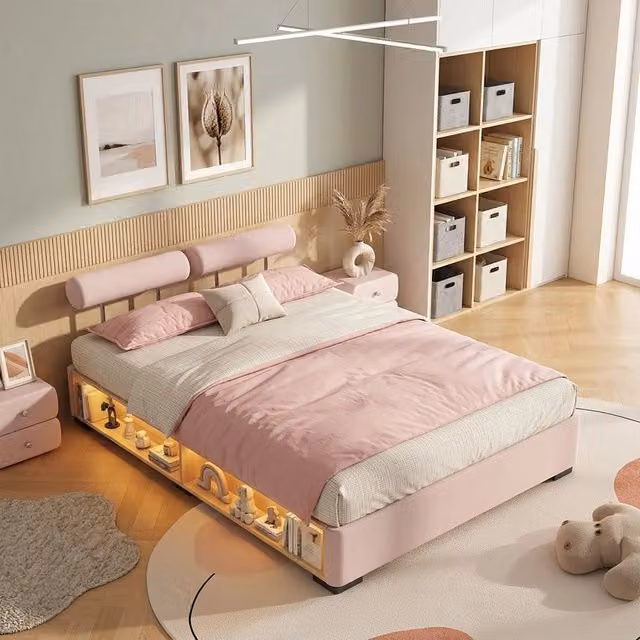 Letto imbottito rosa per bambini in velluto 140x200 cm con ripiano laterale LED per cameretta
