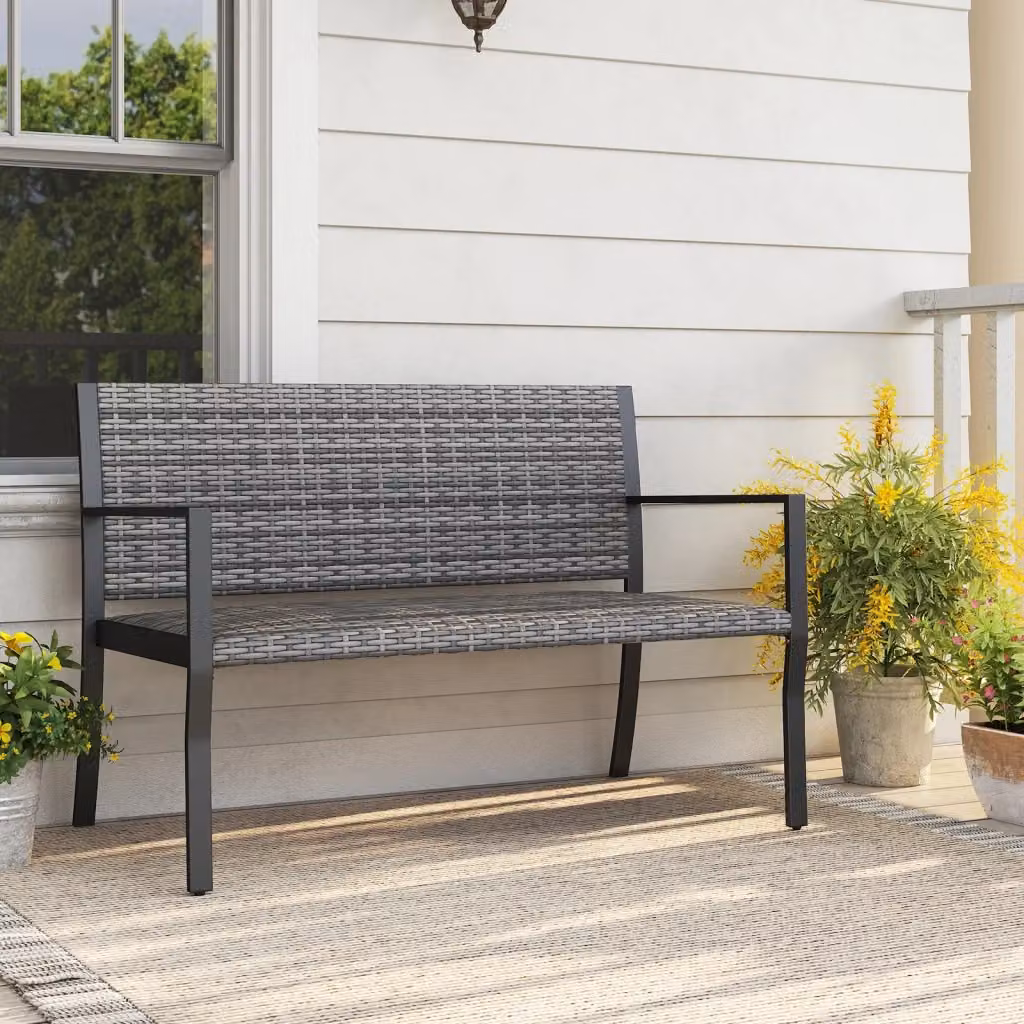 Panchina da giardino in rattan e metallo con braccioli e schienale ergonomico, panca da esterno a 2 posti per terrazza e balcone, Grigio opaco, L: 109,5 cm, H: 84,0 cm, P: 55,0 cm – 2