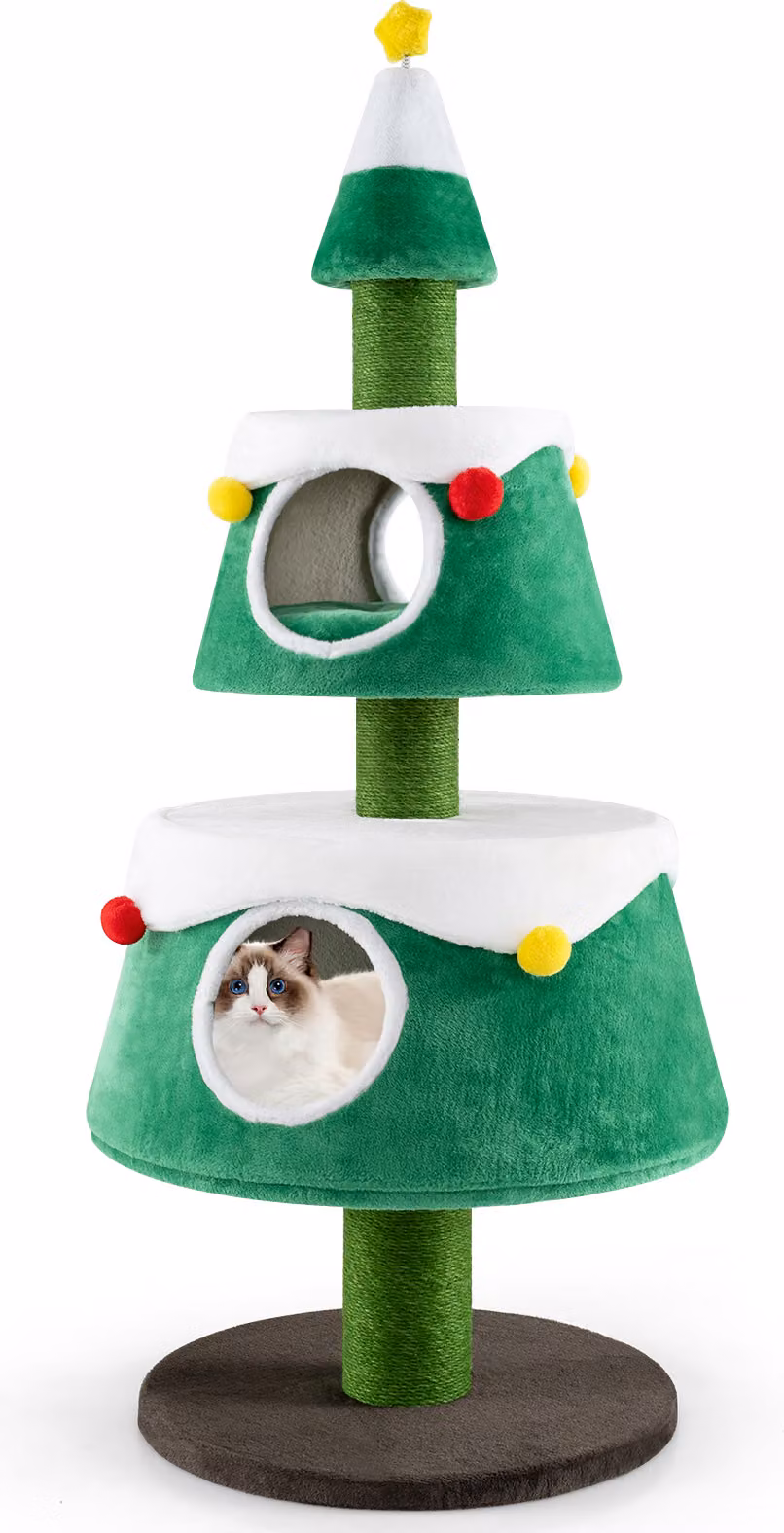 COSTWAY tiragraffi per Natale, simpatico albero per gatti Albero di Natale con 2 grotte per gatti, tiragraffi in sisal, giocattoli e cuscino in peluche 59x153cm Verde