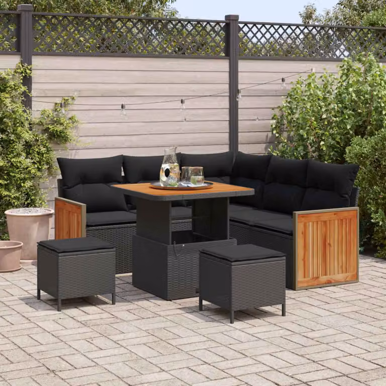 vidaXL Set Divano da Giardino a L 8 Posti Nero con Cuscini e Tavolino