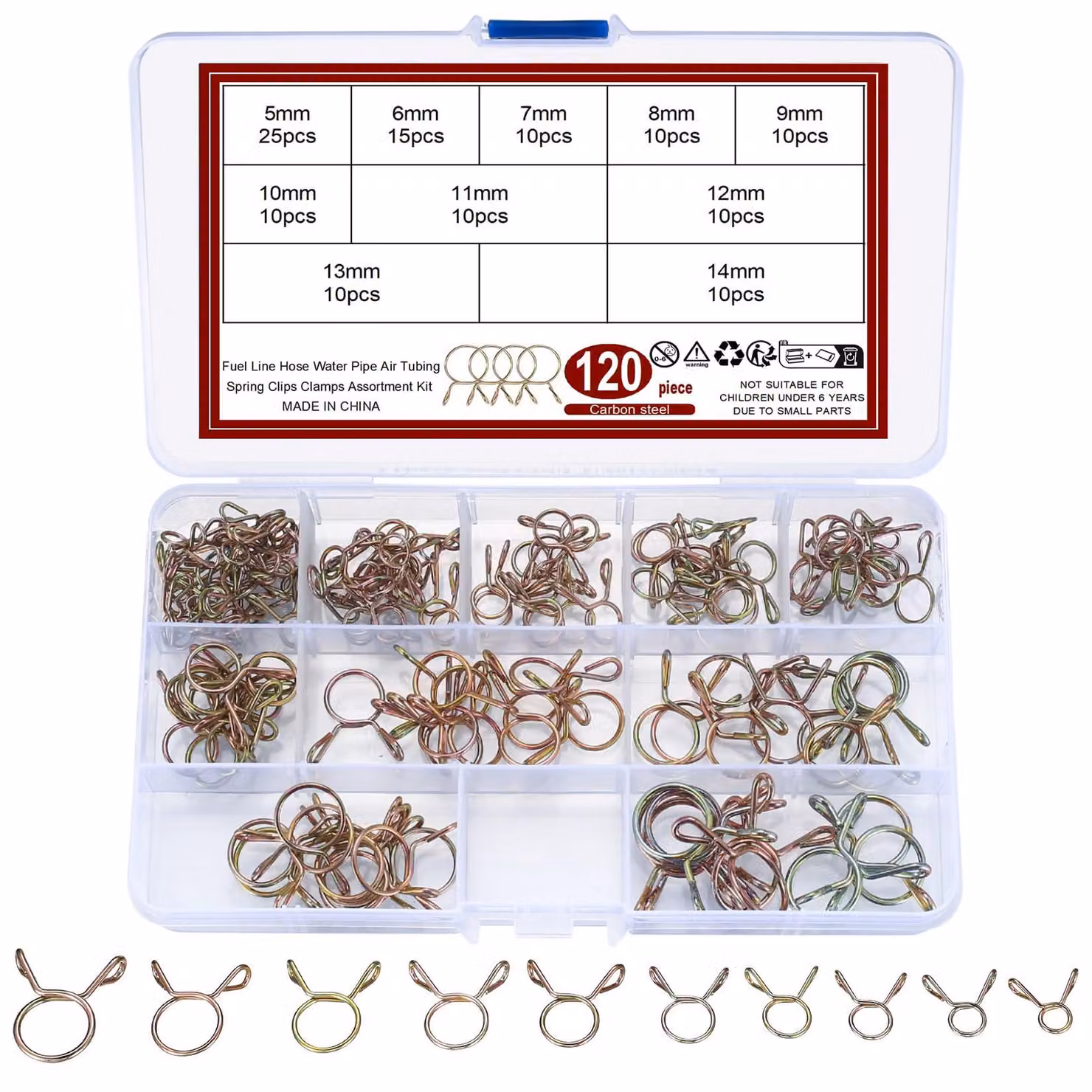 Set di fascette per tubi, 120 pezzi, morsetti a molla da 5 a 14 mm, acciaio inossidabile