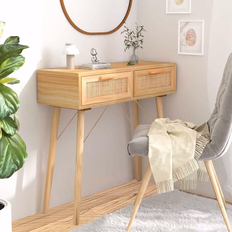 vidaXL Tavolo Consolle in Legno di Pino Massello e Rattan Naturale, Marrone, L 80 cm x P 30 cm x H 75 cm