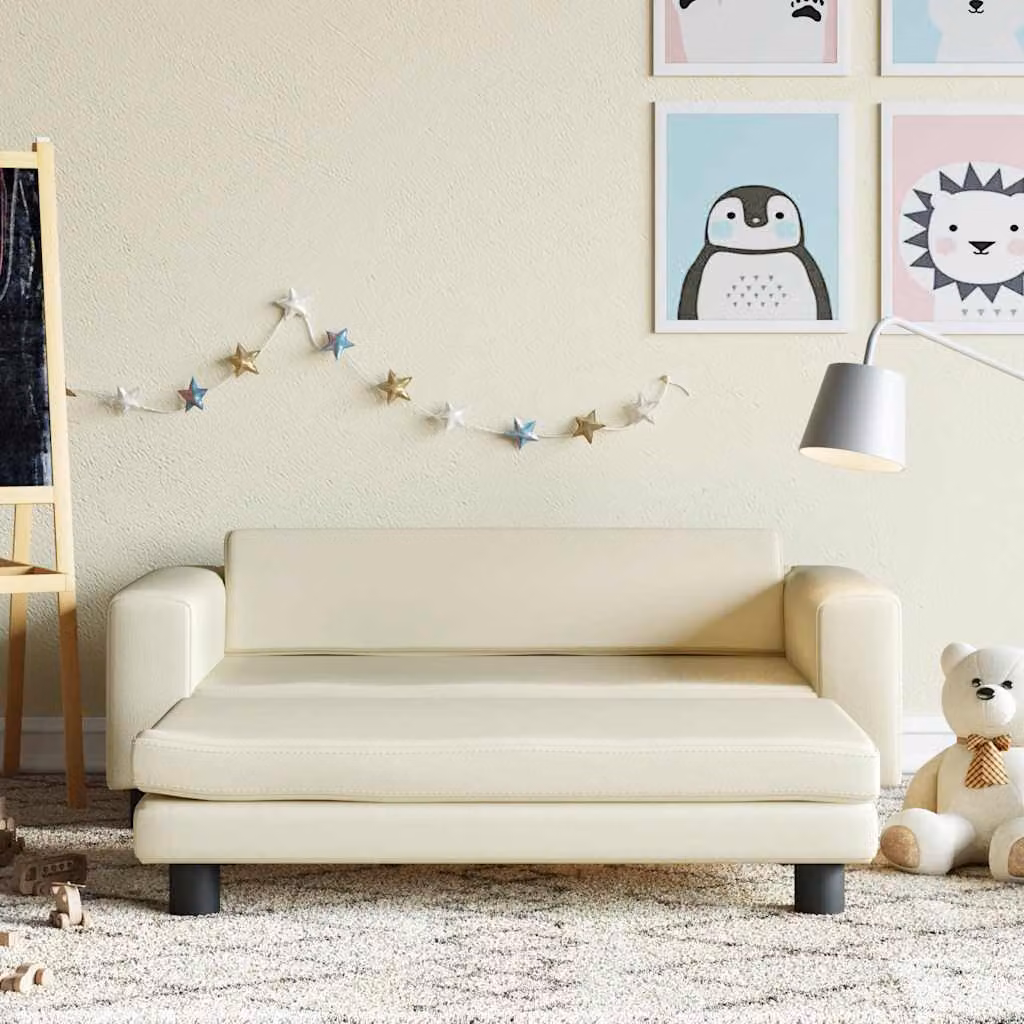 vidaXL Divano per bambini con poggiapiedi in similpelle beige L 100 x P 50 x H 30 cm