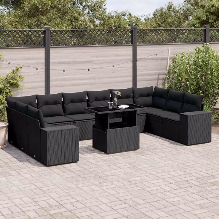 vidaXL Set Divani da Giardino 11 pz a Forma a L con Cuscini e Tavolino Nero