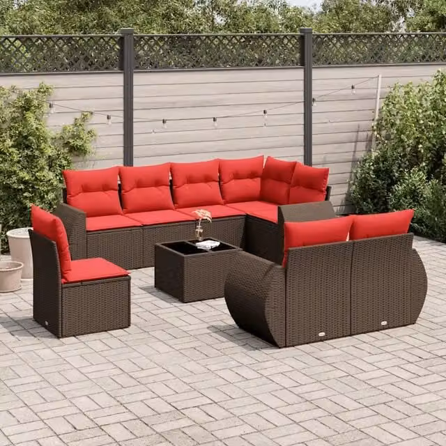 Set di divani da giardino vidaXL in polyrattan marrone con cuscini e tavolino da esterno a forma di L composto da 9 pezzi – 1