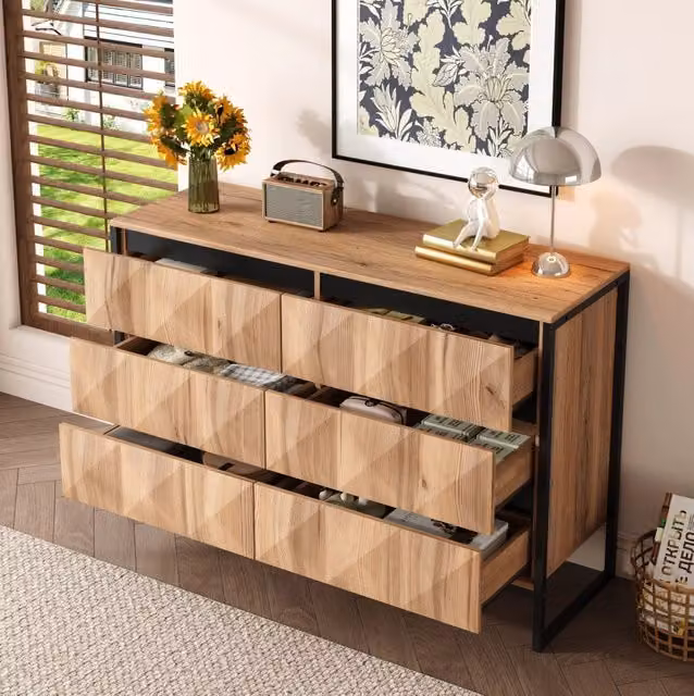 Sideboard in nero e legno naturale con sei cassetti e struttura in metallo 120x40x80 cm