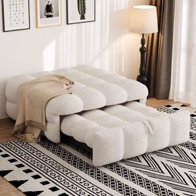 Letto divano estraibile 183 × 76 cm 1 posto con pouf trasformabile e imbottitura integrata, beige, senza materasso separato