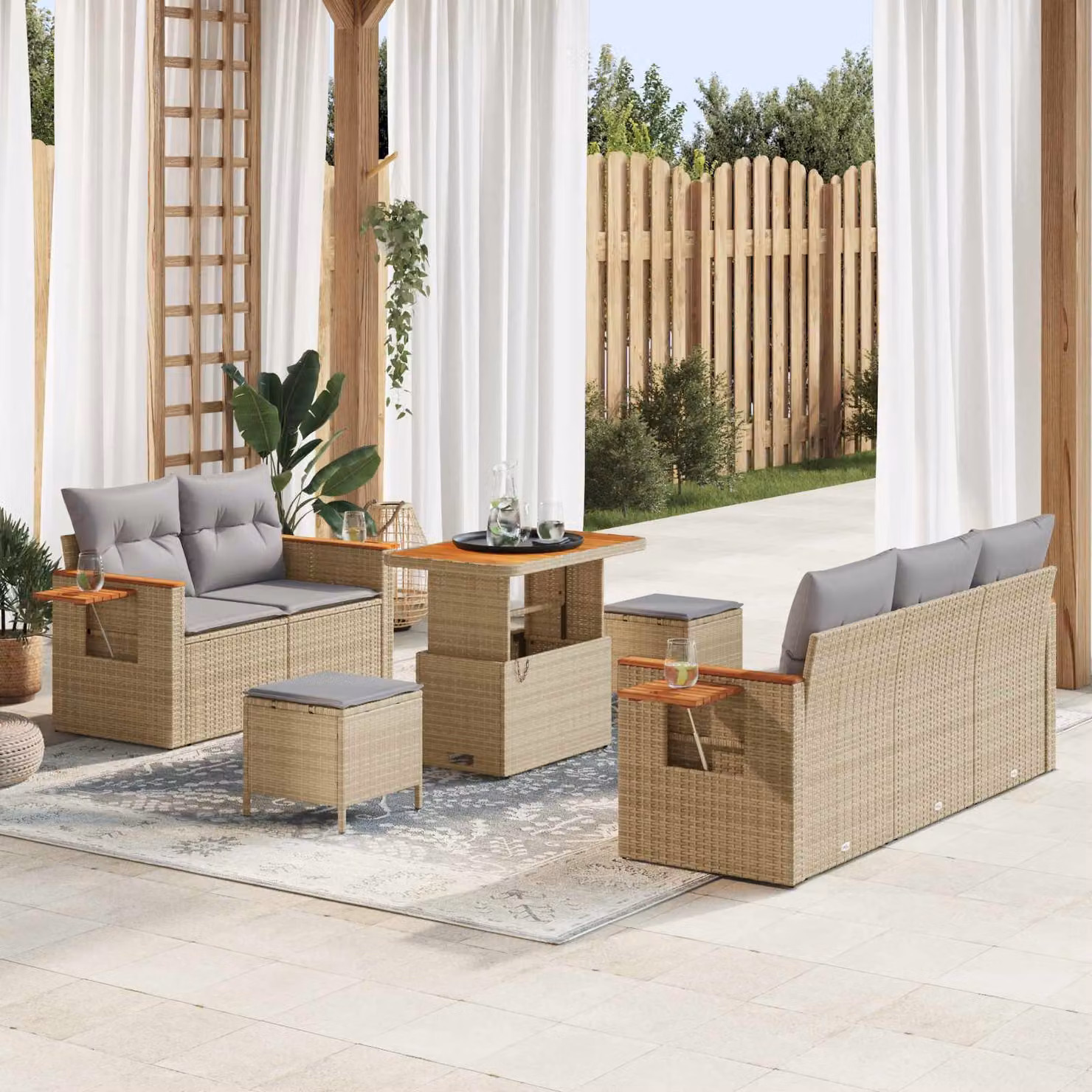Set Divano da Giardino vidaXL 8 Pezzi a Forma di L in Polyrattan Beige con Tavolino e Ottoman – 1