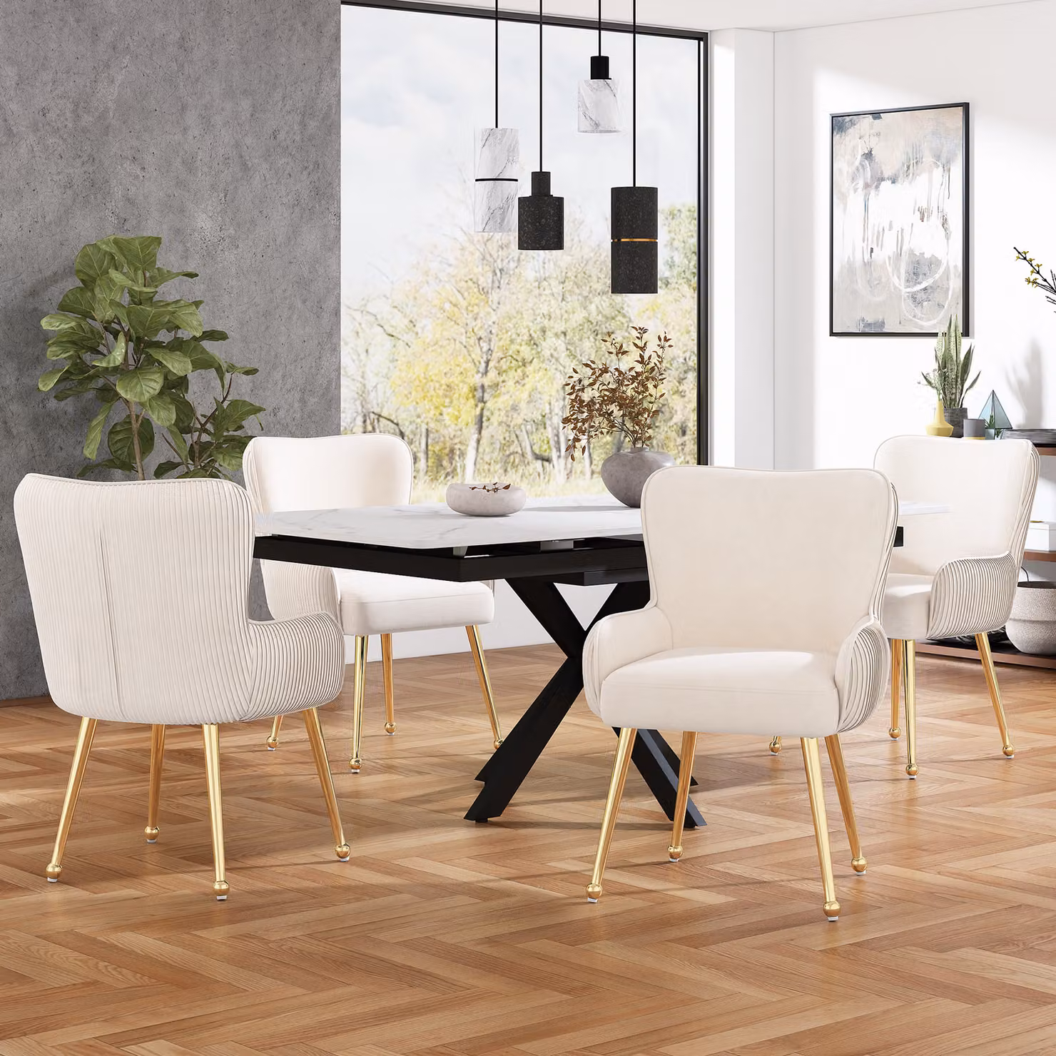 Set di 4 sedie da sala da pranzo Flieks, sedie da cucina imbottite con gambe in metallo, poltrona da soggiorno con rivestimento in velluto, oro beige