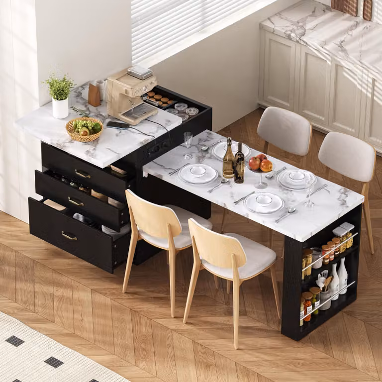 MODFU Isola da cucina, tavolo da bar con illuminazione a LED e rotelle, tavolo da cucina, credenza con prese multiple e cassetti, armadio da cucina con scomparto nascosto, nero