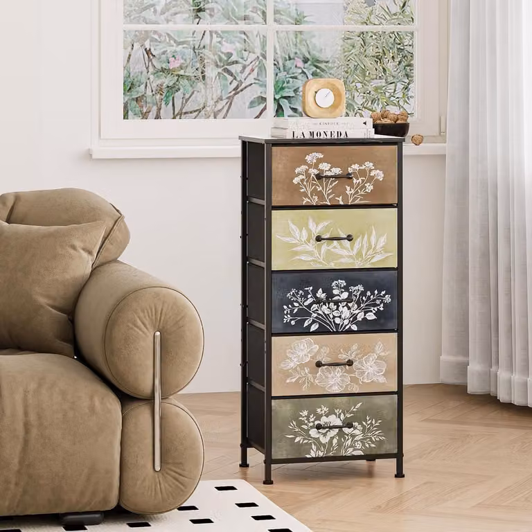 Comodino con 5 cassetti rivestiti in tessuto, motivo floreale, dimensioni 40x30x99 cm