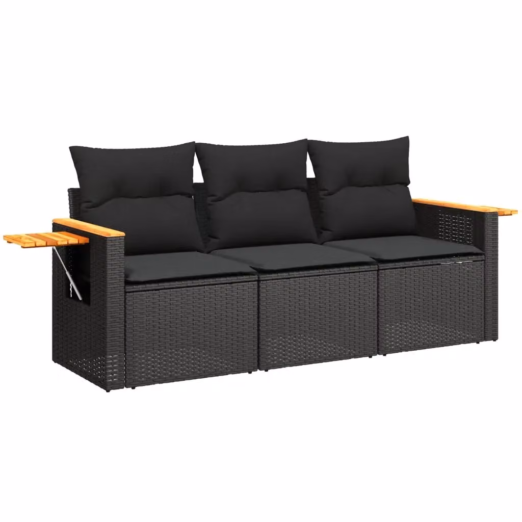 vidaXL Set Divani da Giardino 3 pz in Polyrattan Nero con Cuscini e Tavolino da Esterno – 2