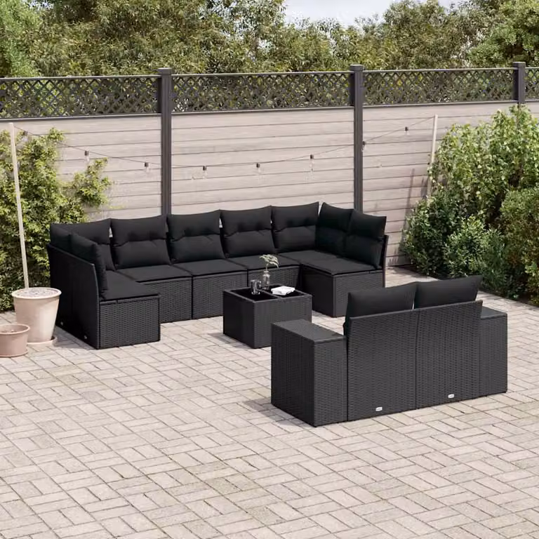 vidaXL Set Divani da Giardino a L 10pz in Polyrattan Nero con Cuscini e Tavolino da Esterno