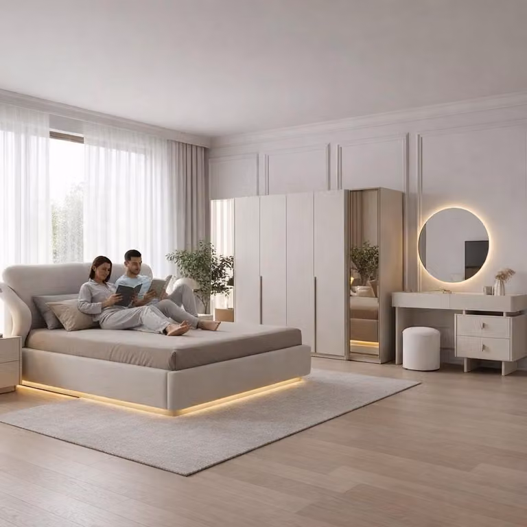 Set completo per camera da letto: letto, armadio, comodino e pouf imbottito, composto da 4 elementi