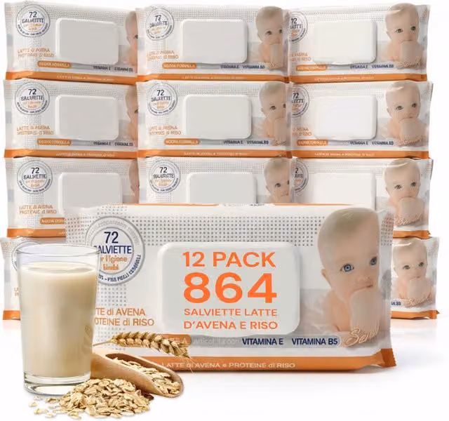 Salviettine Baby Keiki Bianche con Fragranza Latte d'Avena e Riso, Aloe o Crema al Talco, confezione da 72 o 864 pezzi