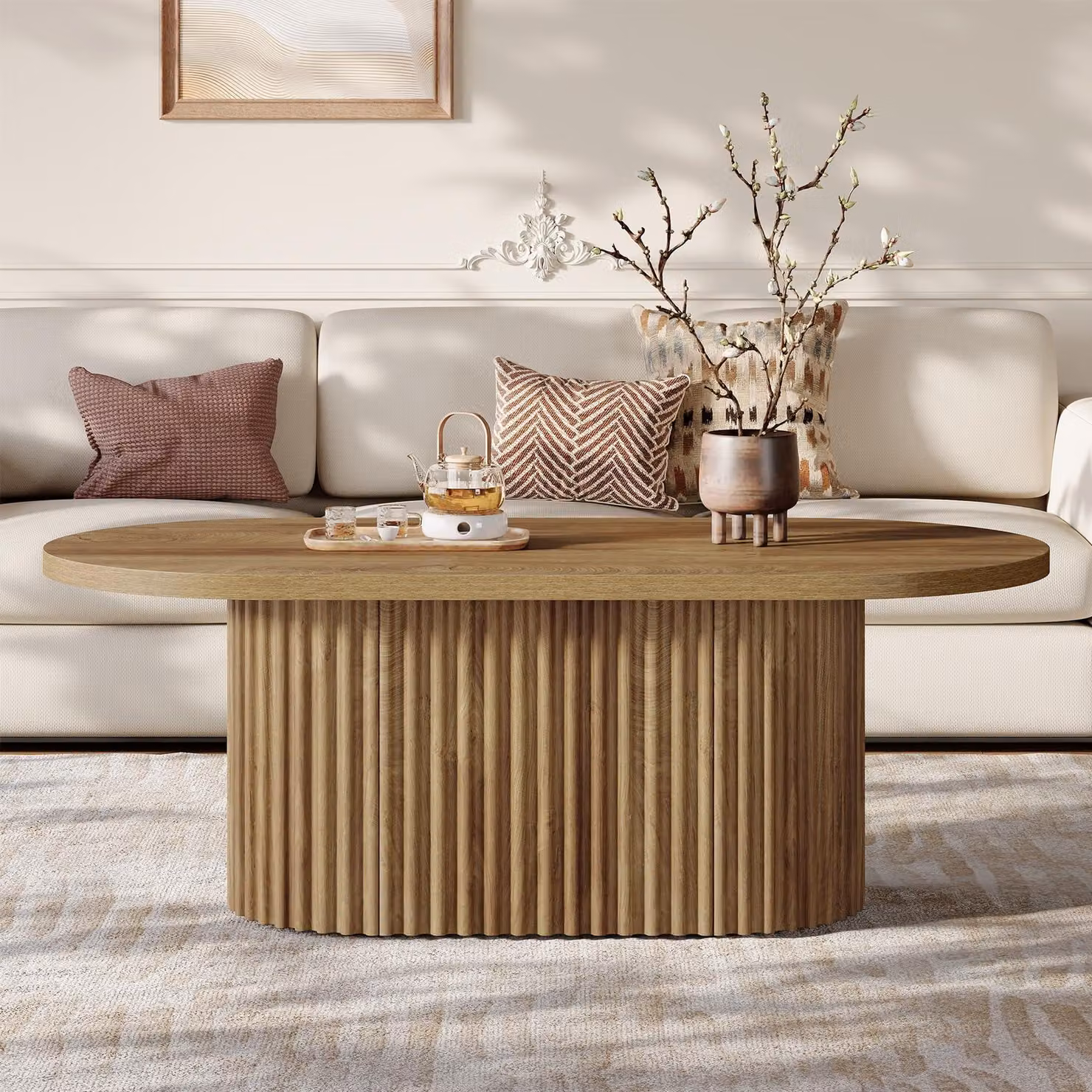 Tavolino ovale Tribesigns, tavolino country grande 120 cm in legno con design scanalato, per soggiorno, ufficio, casa, rustico marrone