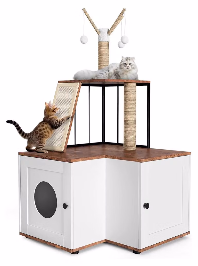 Albero tiragraffi con armadio per lettiera - Albero tiragraffi - 2 piani - 124 cm di altezza - Legno - Colonna tiragraffi - Per gatti che vivono in appartamento