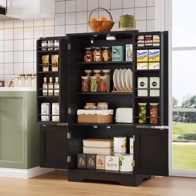 Mobile dispensa nero 60 x 40 x 120 cm; 4 ante; luce LED a sensore; ripiani regolabili; MDF