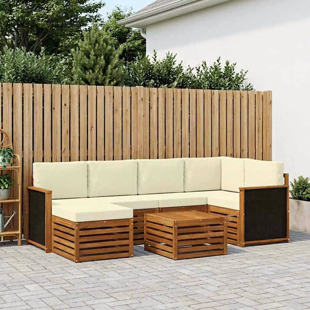Set di divani da esterno vidaXL in legno di acacia con forma a L, colore beige e bianco, composto da 6 pezzi con cuscini e tavolino da giardino