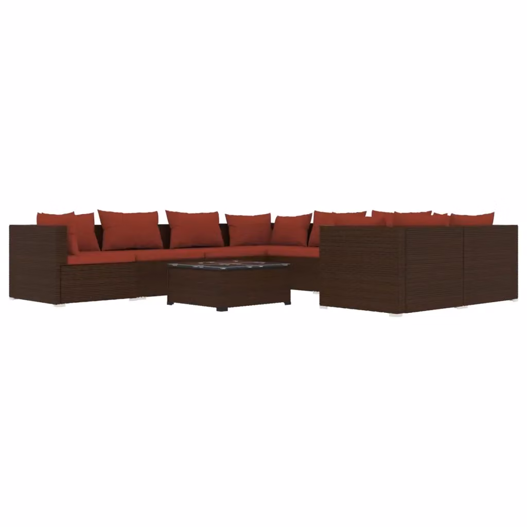 vidaXL Set Divani da Giardino 9 pz con Cuscini e Tavolino in Polyrattan Marrone e Rosso con Struttura in Acciaio – 2