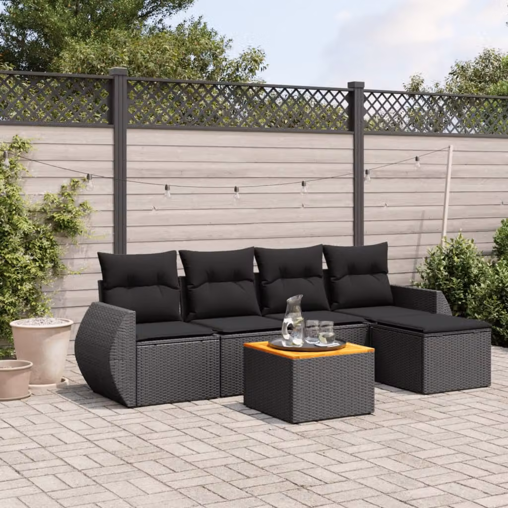 Set Divano da Giardino vidaXL 6 pz in Polyrattan Nero con Cuscini e Tavolino – 1