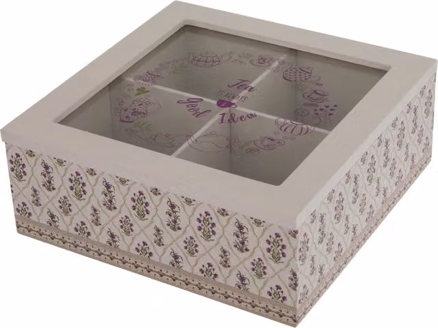 Scatola per tè con 4 scomparti in legno con decorazione floreale grigio lilla e bianco L: 18 cm, P: 18 cm, H: 7 cm – 1