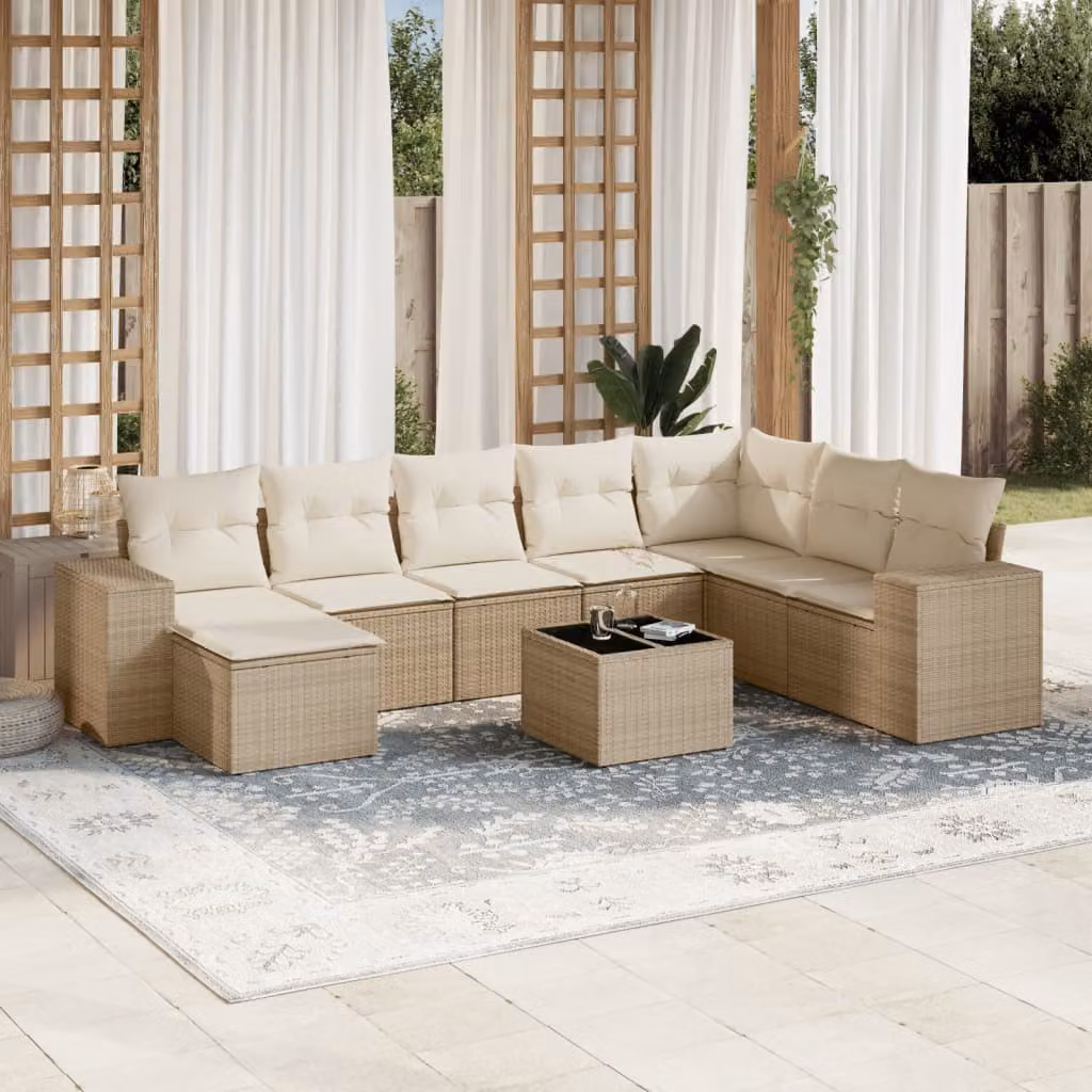vidaXL Set Divano da Giardino a L 9 pz in Polyrattan con Cuscini Beige e Tavolino da Caffè – 1