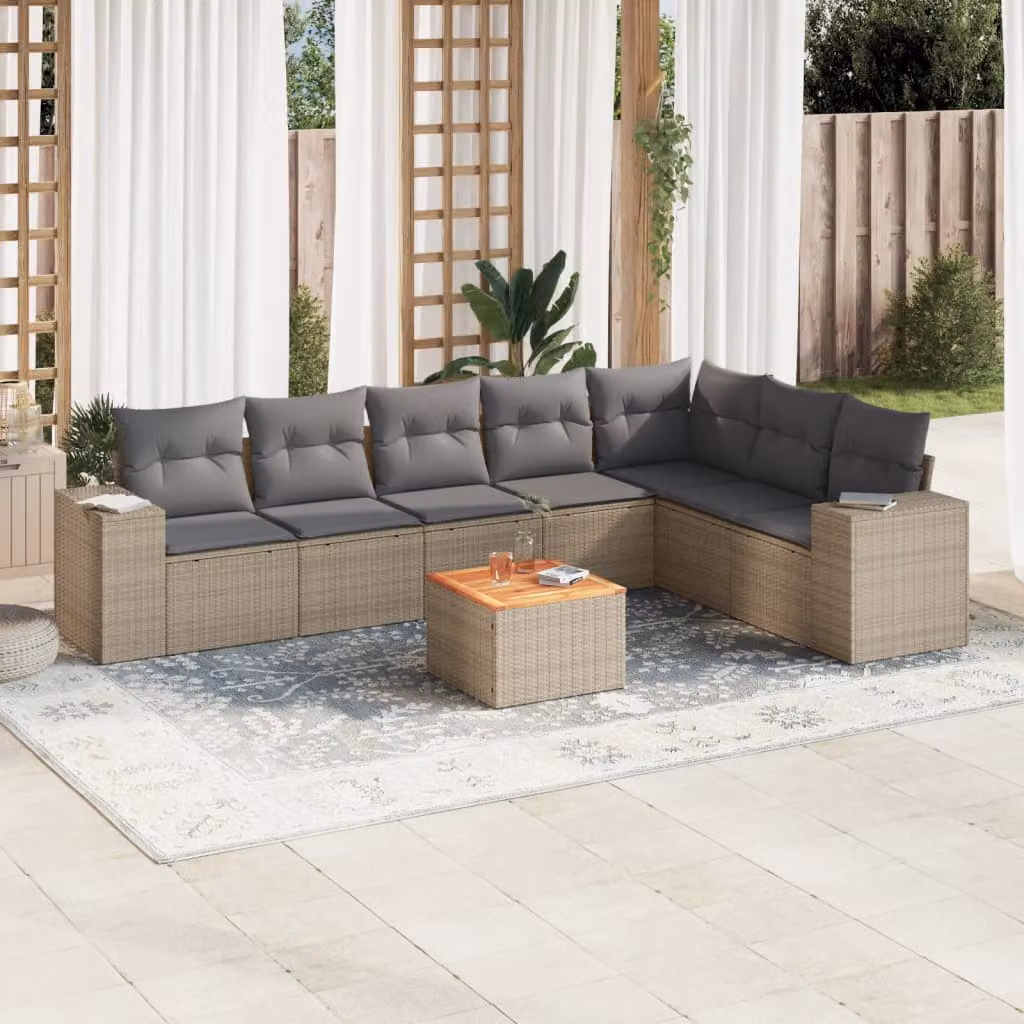 Set Divano da Giardino vidaXL 8 pz in Polyrattan Beige con Cuscini e Tavolino – 1