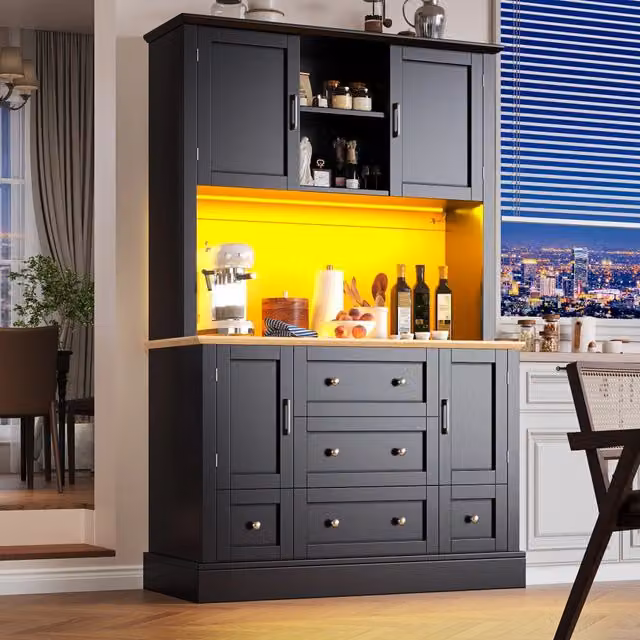 Dispensa alta moderna con LED controllato tramite app e 3 cassetti per cucina e soggiorno in MDF nero e naturale 115 × 40 × 180 cm