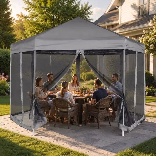 Hexagonal Pop-up Tent With 6 Side Panels, Grey, 3.6 X 3.1 M