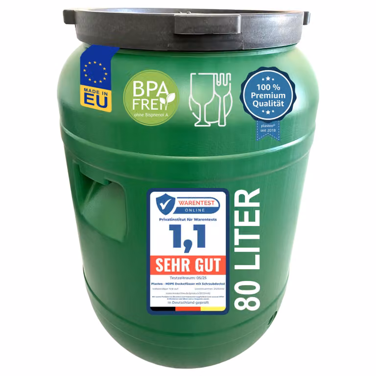 fusto a collo largo plasteo 80 L con coperchio per alimenti - robusto fusto universale in HDPE con tappo a vite, per alimenti, stoccaggio e trasporto, verde