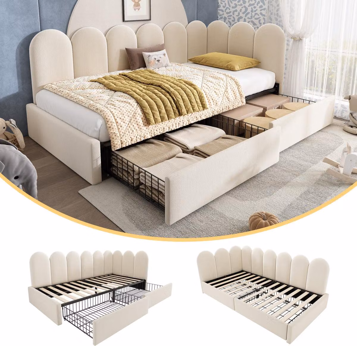 Letto imbottito singolo 90 x 200 cm beige con 2 cassetti Divano letto in velluto senza materasso