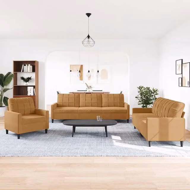 Set di 3 Divani Moderni vidaXL in Velluto Marrone con Cuscini e Struttura in Metallo per Soggiorno