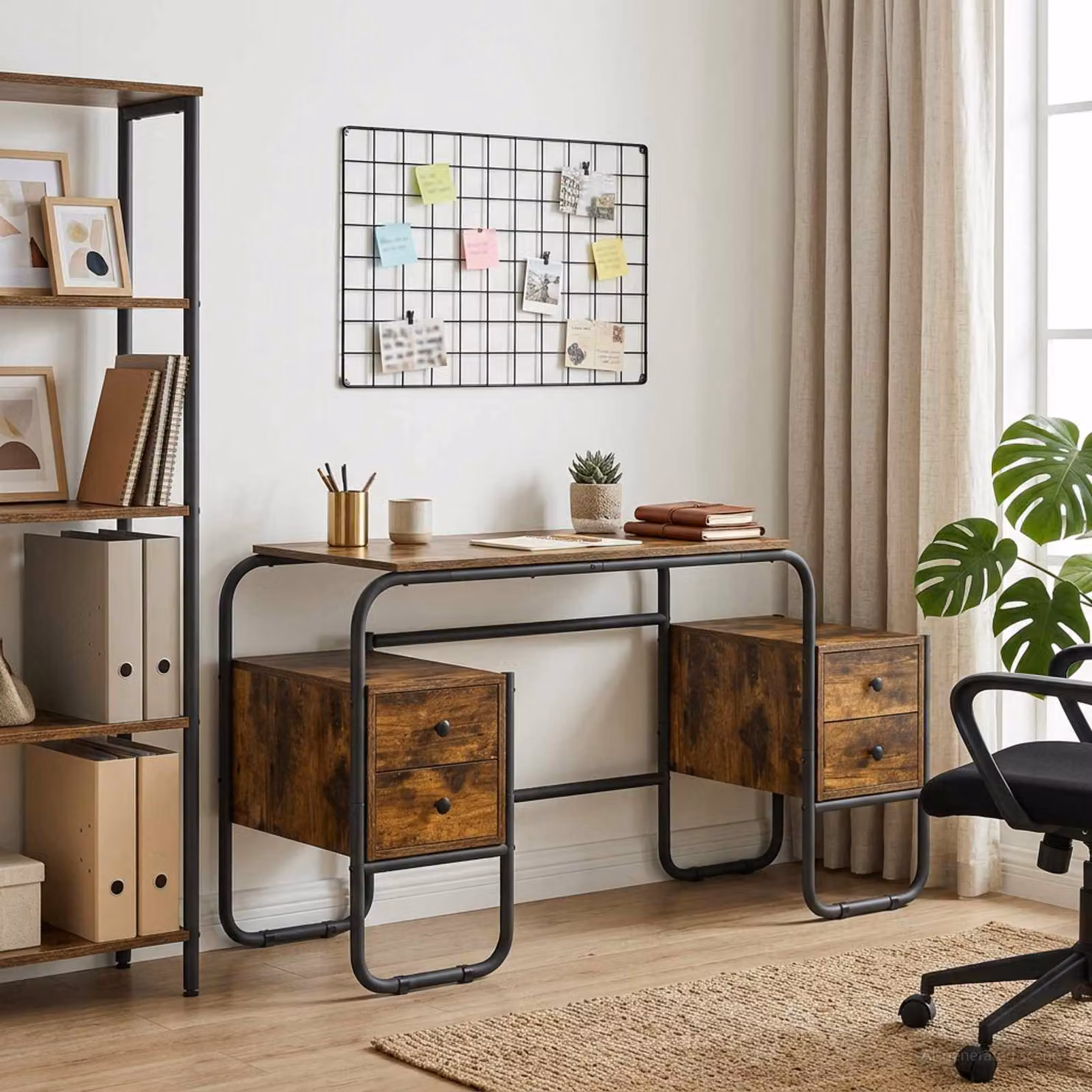 Scrivania con spazio di archiviazione vidaXL in stile industriale, colore marrone, L: 145 cm, P: 60 cm, H: 75 cm