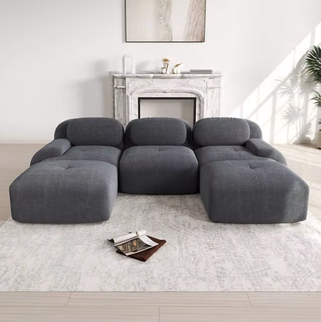Divano angolare modulare in velluto a coste grigio con imbottitura elastica 32D