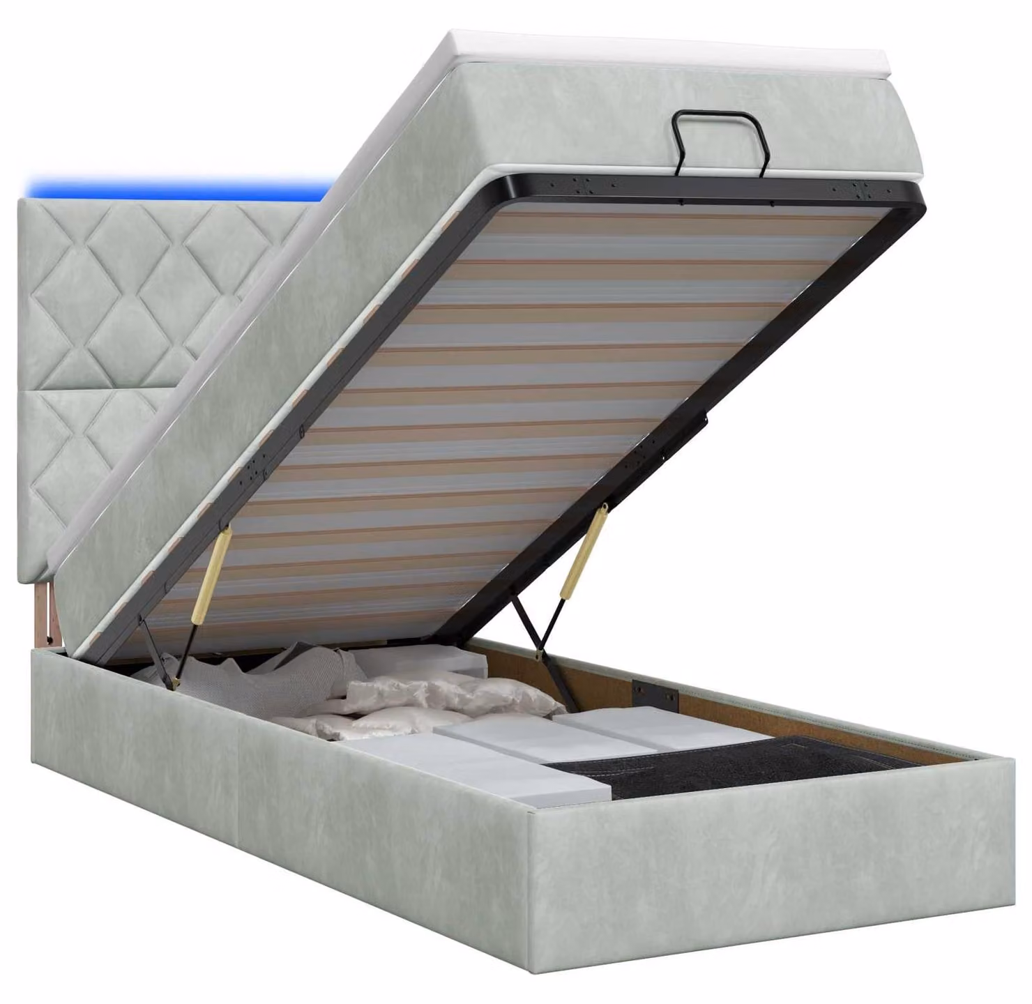 Letto con contenitore e materasso LED, colore grigio chiaro, dimensioni 90 x 190 cm