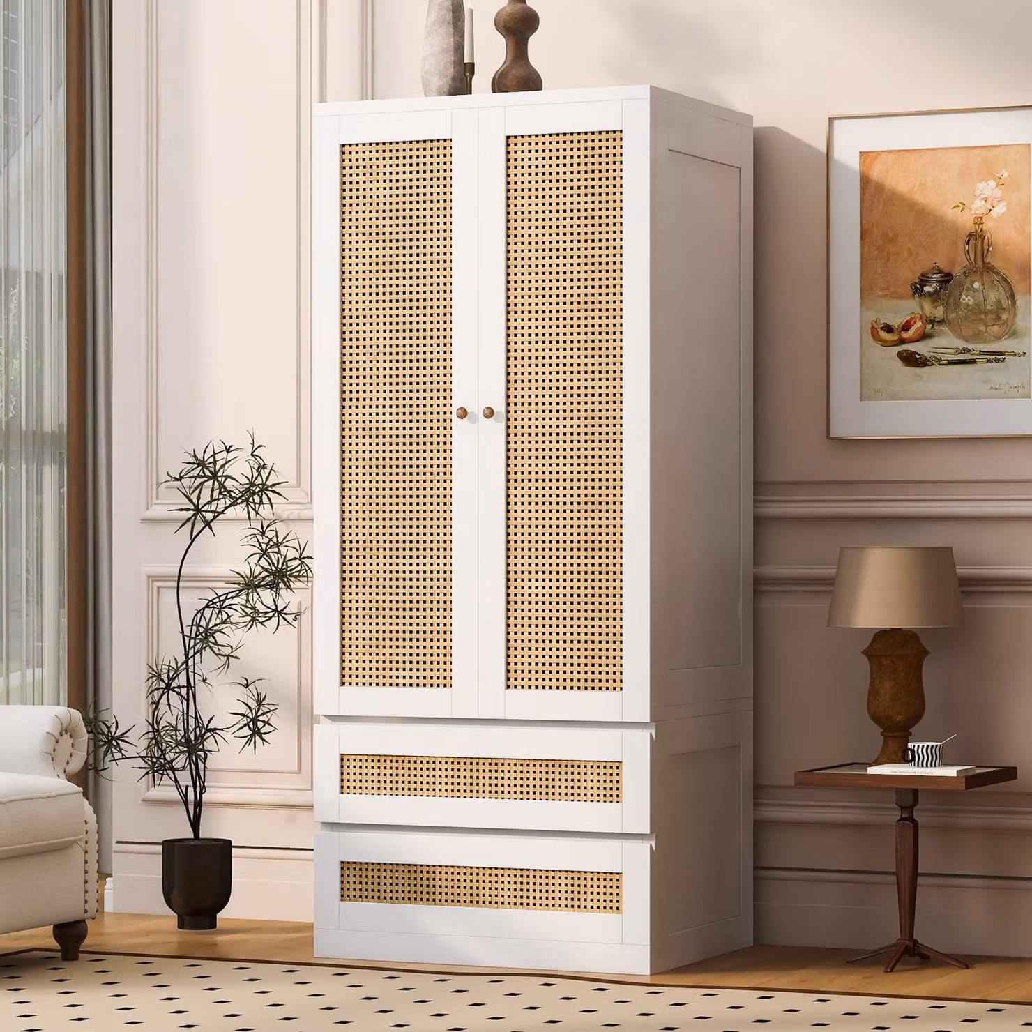 Armadio angolare a 2 ante, con 2 cassetti, in stile rattan. Armadio per abiti con barra appendiabiti, dimensioni 70x55x170 cm, colore bianco