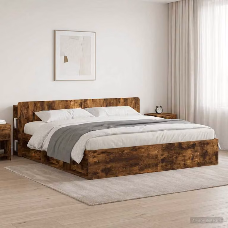 Testata del letto vidaXL in legno ingegnerizzato Rovere Fumo con ripiani integrati, L: 215,0 cm, H: 80,0 cm, P: 26,18 cm