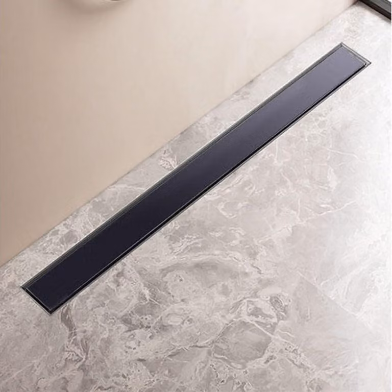 Scarico a pavimento da 80 cm, nero, in vetro e acciaio inossidabile, completo di sifone e filtro per capelli