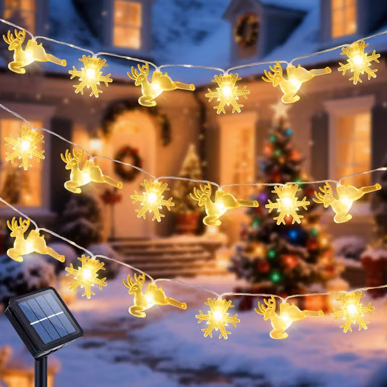 Catena luminosa solare, 7 metri, 50 LED, con decorazioni a forma di fiocchi di neve e renne, 8 modalità, impermeabile