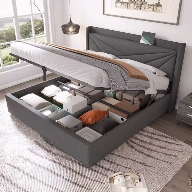 Letto Contenitore REDOM Grigio con Testiera e Porta USB Type-C L/P/H: 180 x 200 x 107 cm