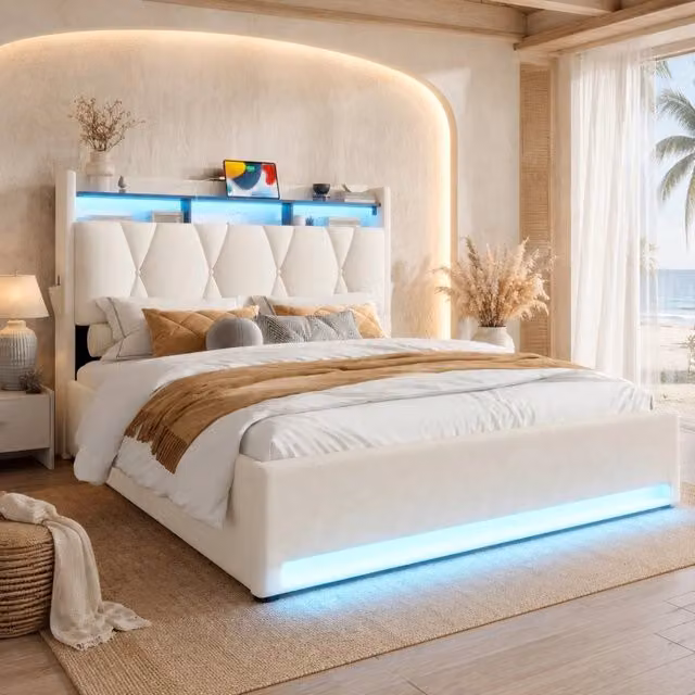 Letto matrimoniale MODFU imbottito in velluto beige con contenitore, illuminazione LED e porta USB Type-C, L/P: 140 x 200 cm