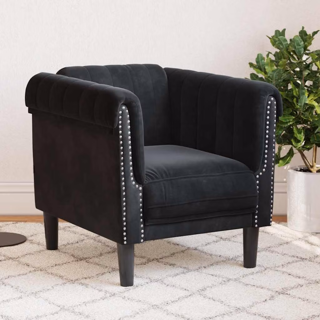 Poltrona moderna vidaXL in velluto nero con struttura in legno massiccio e braccioli