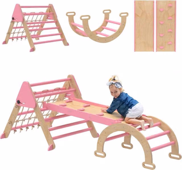 Triangolo per arrampicata 8 in 1 XYLO in legno con scivolo e rampa pieghevole, rosa