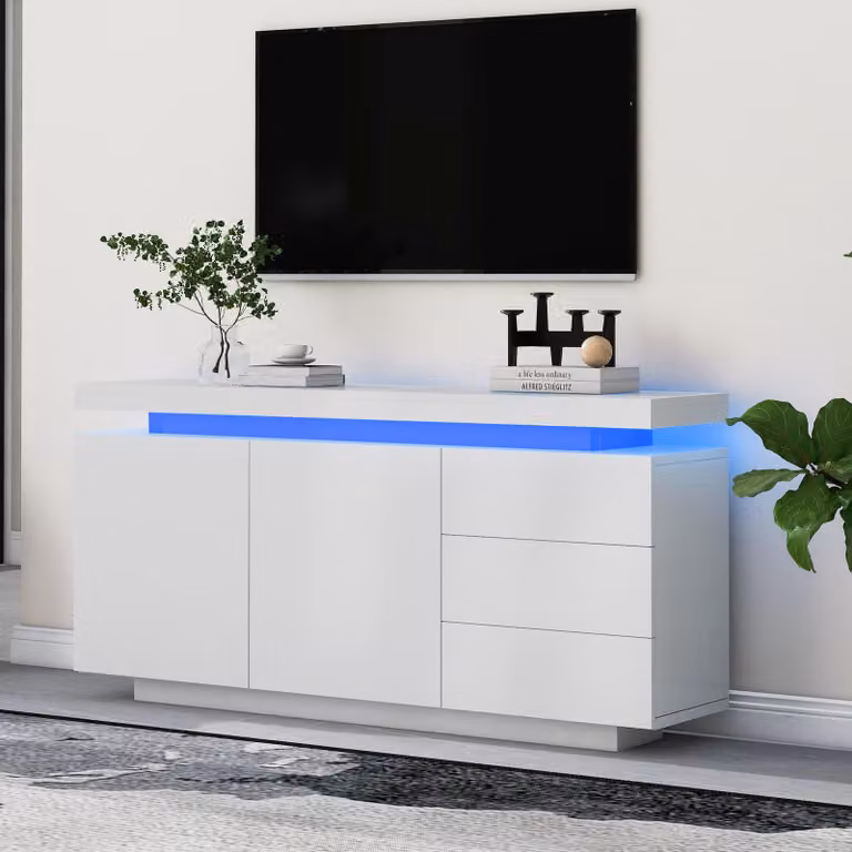 Credenza STILVORA con striscia luminosa a LED controllabile tramite app, mobile ausiliario senza maniglie con 3 cassetti e doppia anta, mobile contenitore in truciolato, bianco