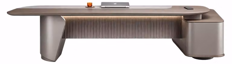 Scrivania da ufficio elegante, dotata di illuminazione integrata e spazio di archiviazione