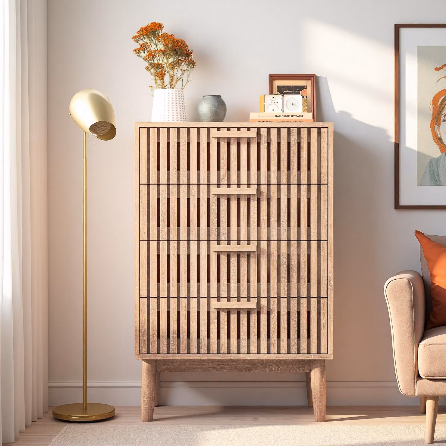 Cassettiera ProximaX con 4 cassetti | mobile credenza in colore naturale | cassettiera effetto legno con spazio per la camera da letto e il soggiorno