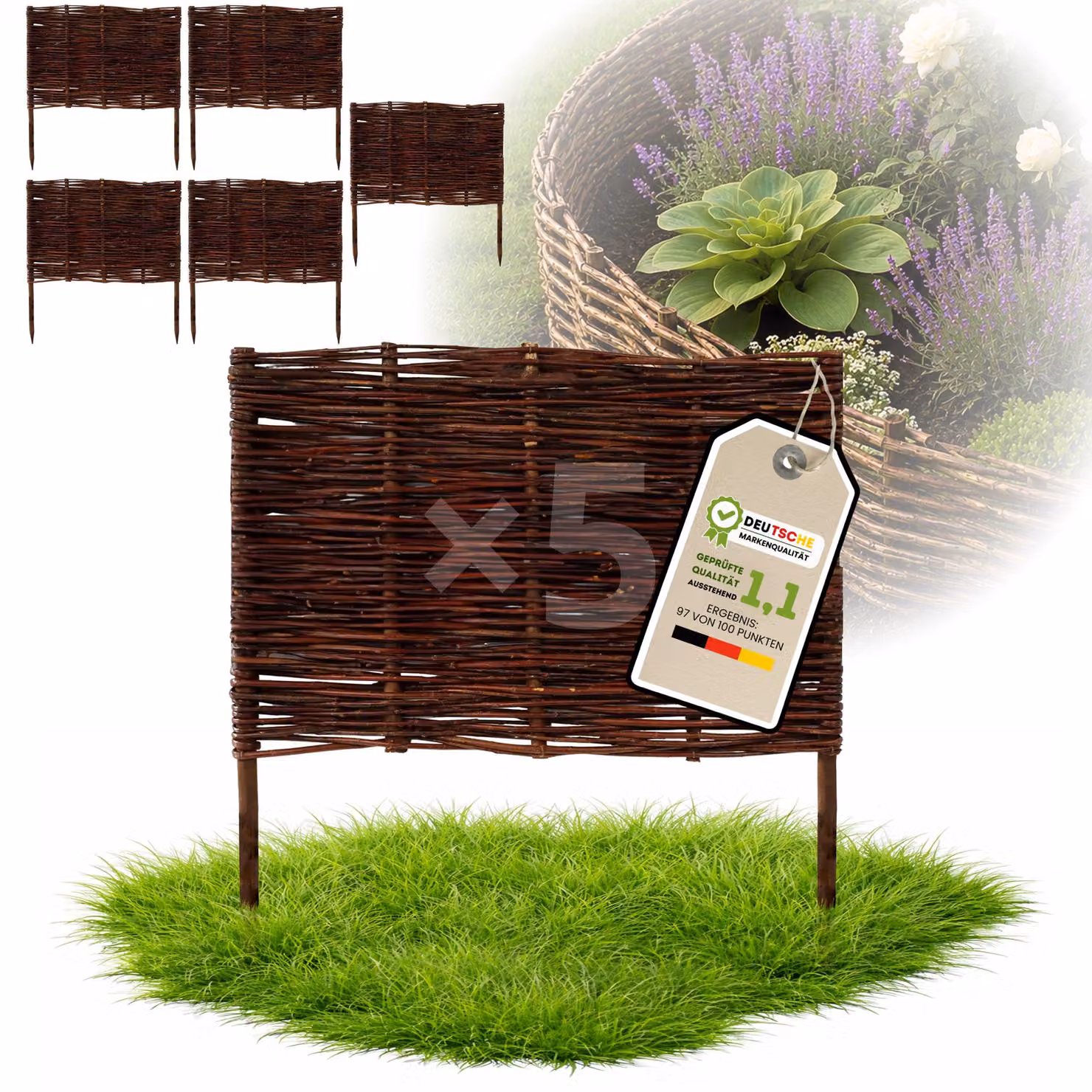 Floranica 5 pezzi Recinzione in vimini 60 cm x 60 cm – Staccionata da giardino intrecciata Palizzata Recinzione naturale Bordo aiuola