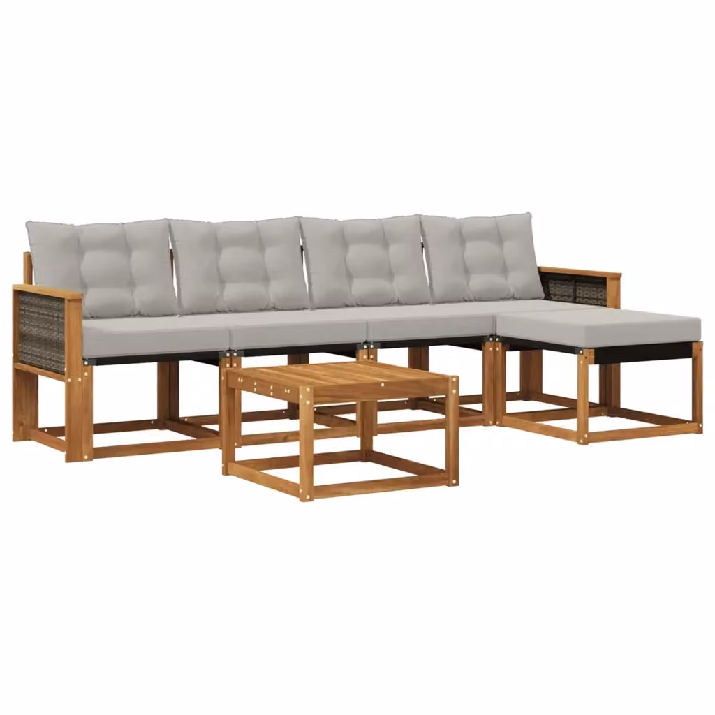 Set di mobili da giardino vidaXL composto da 6 pezzi con divano a L, pouf e tavolino da caffè in legno di acacia trattato, colore beige e grigio – 2