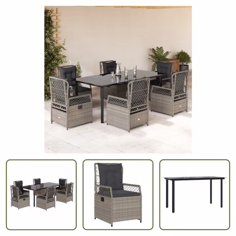 The Living Store Set da pranzo da giardino 7 pezzi con cuscini in poly rattan grigio chiaro